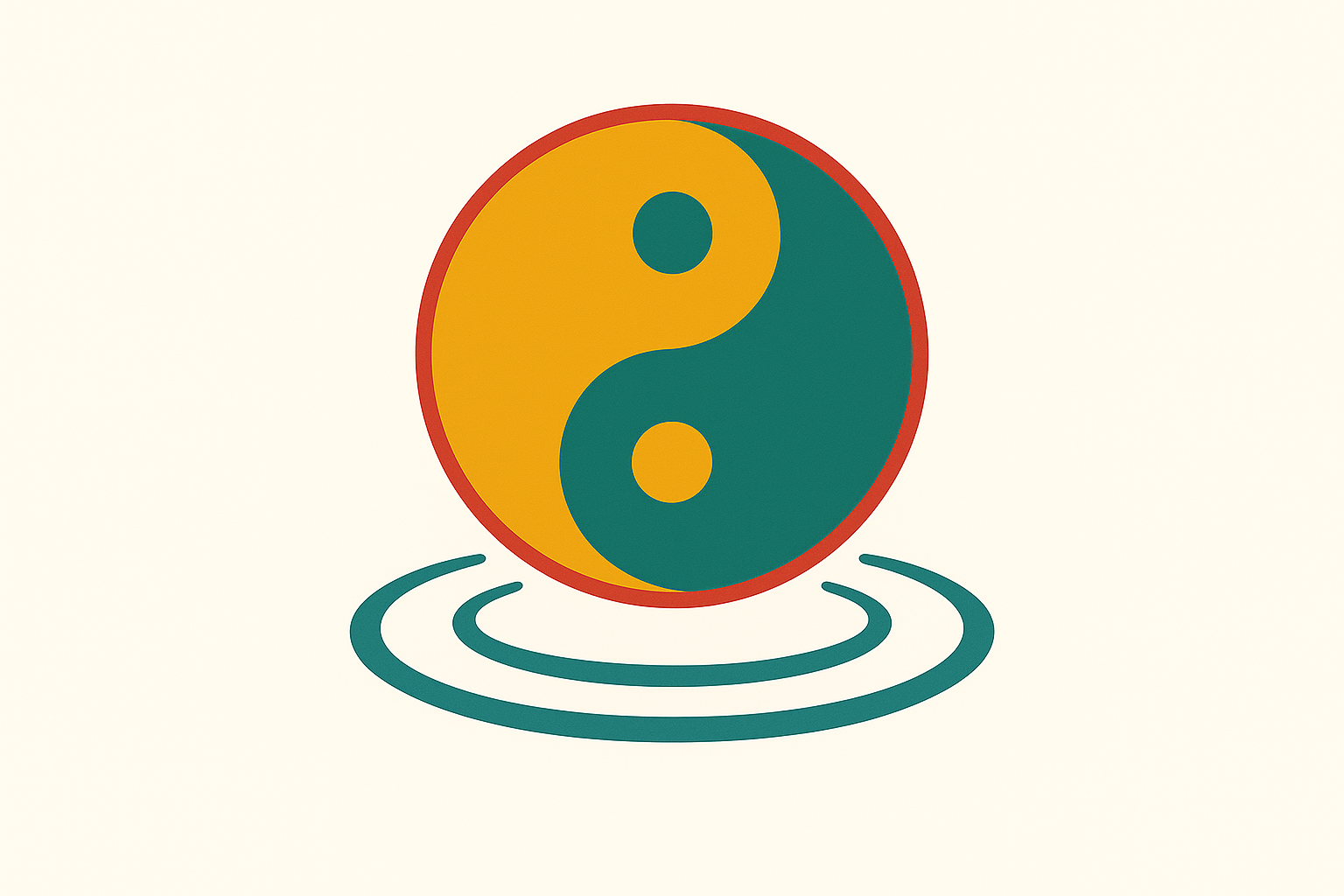 A yin-yang symbol with a calm pond and dynamic wave, representing stillness and action